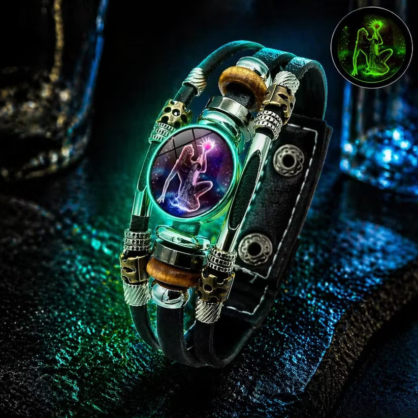 🌙♑ Glow-in-the-Dark Zodiac Sign Leather Bracelet – Unisex Constellation Jewelry, 6.9/8.1 in ✨