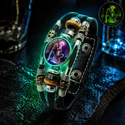 🌙♑ Glow-in-the-Dark Zodiac Sign Leather Bracelet – Unisex Constellation Jewelry, 6.9/8.1 in ✨