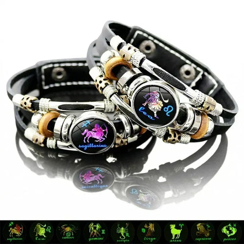 🌙♑ Glow-in-the-Dark Zodiac Sign Leather Bracelet – Unisex Constellation Jewelry, 6.9/8.1 in ✨