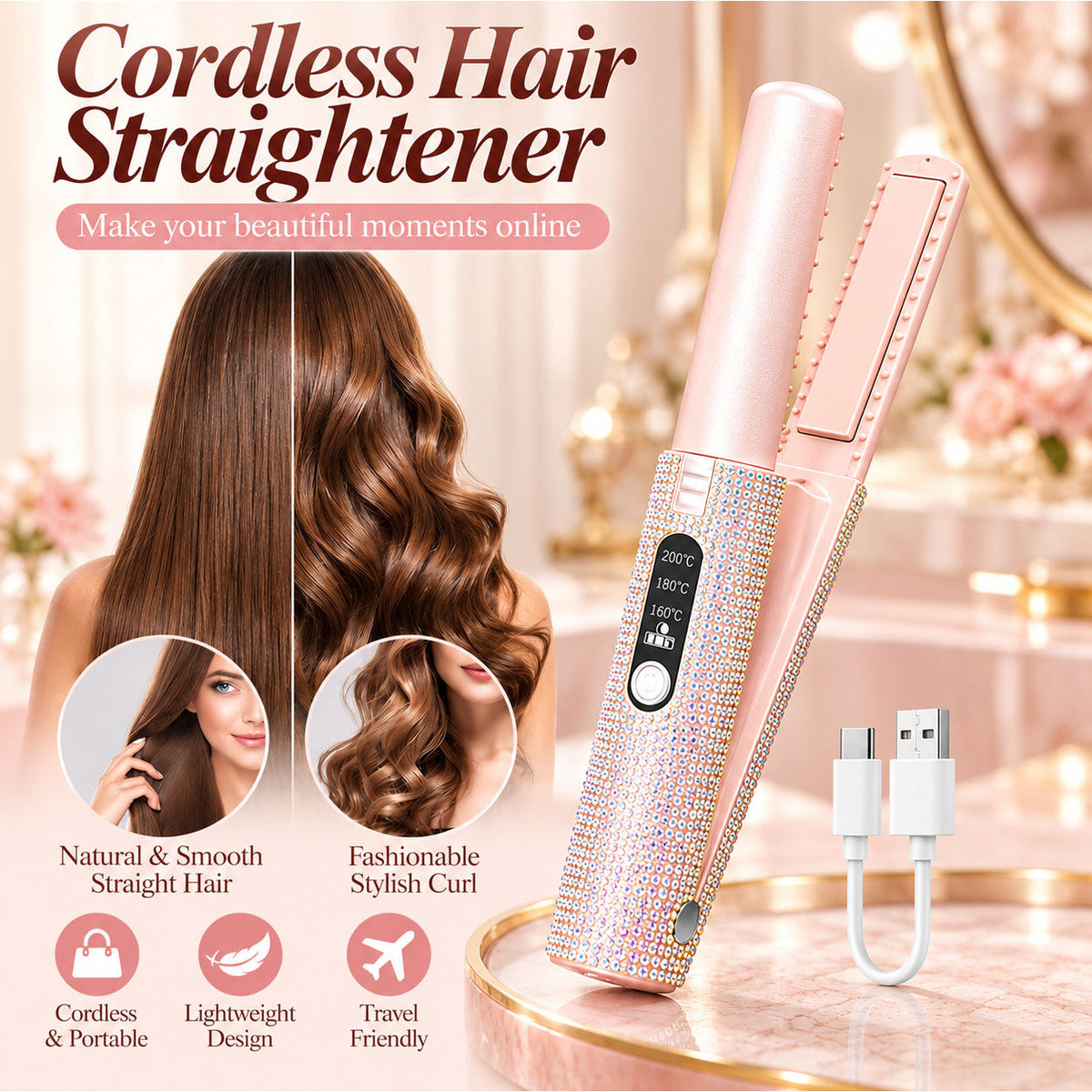 💕✨ Rechargeable Mini Hair Straightener – Cordless USB-C Portable Styling Iron