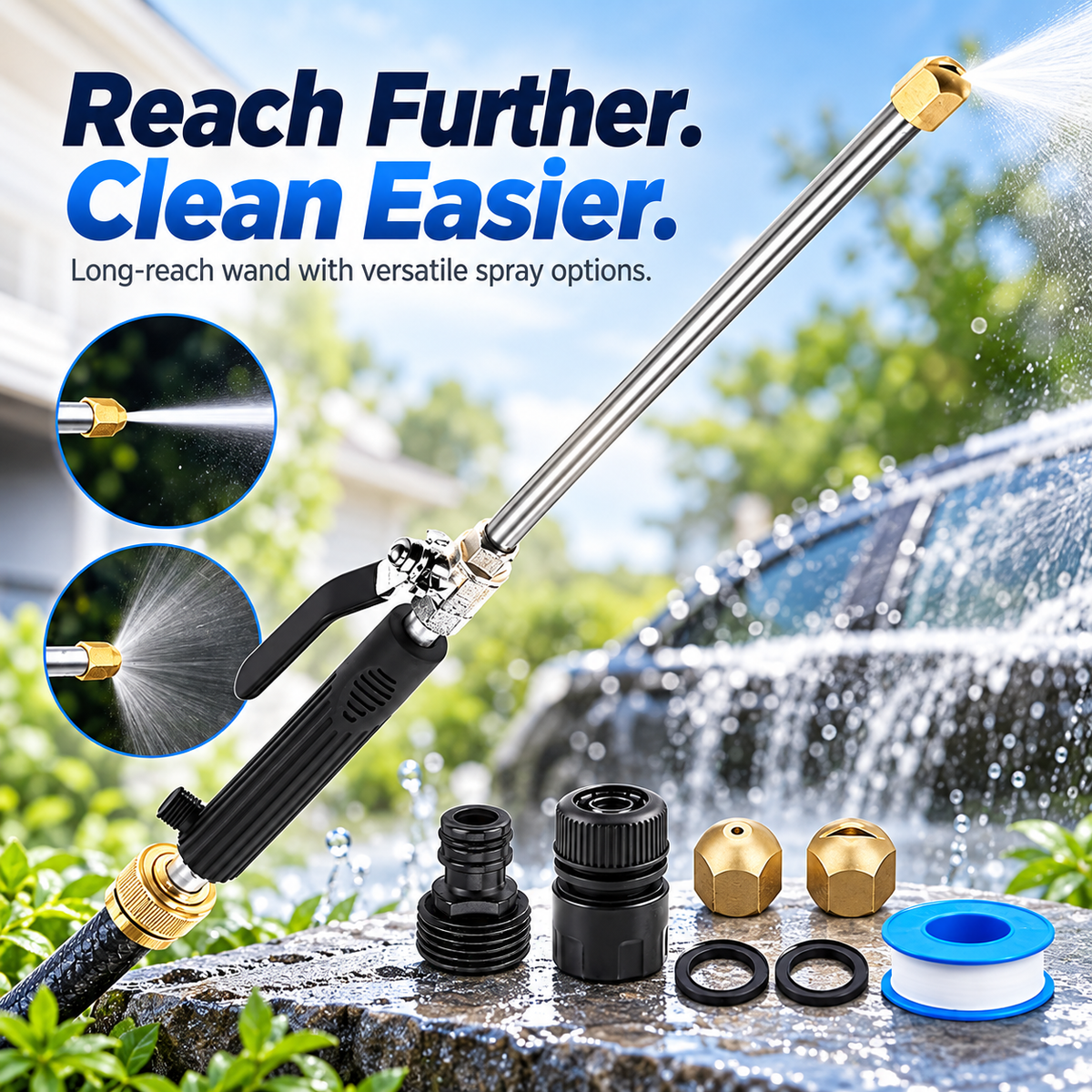 💧 High-Pressure Long-Reach Garden Hose Spray Wand with Jet & Fan Tips 🌿