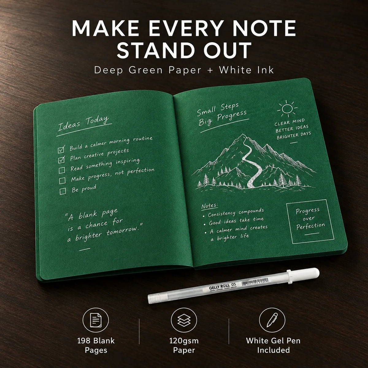 📖Deep Green Blank Notebook with White Gel Pen | Aesthetic Writing & Sketch Journal