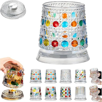 Spinning Whiskey Glasses, Vintage Colored Crystal Whiskey Glass, Hand-Painted Old Fashioned Tumbler for Bourbon, Scotch, Cocktails, Decorative Drinking Glass for Home Bar