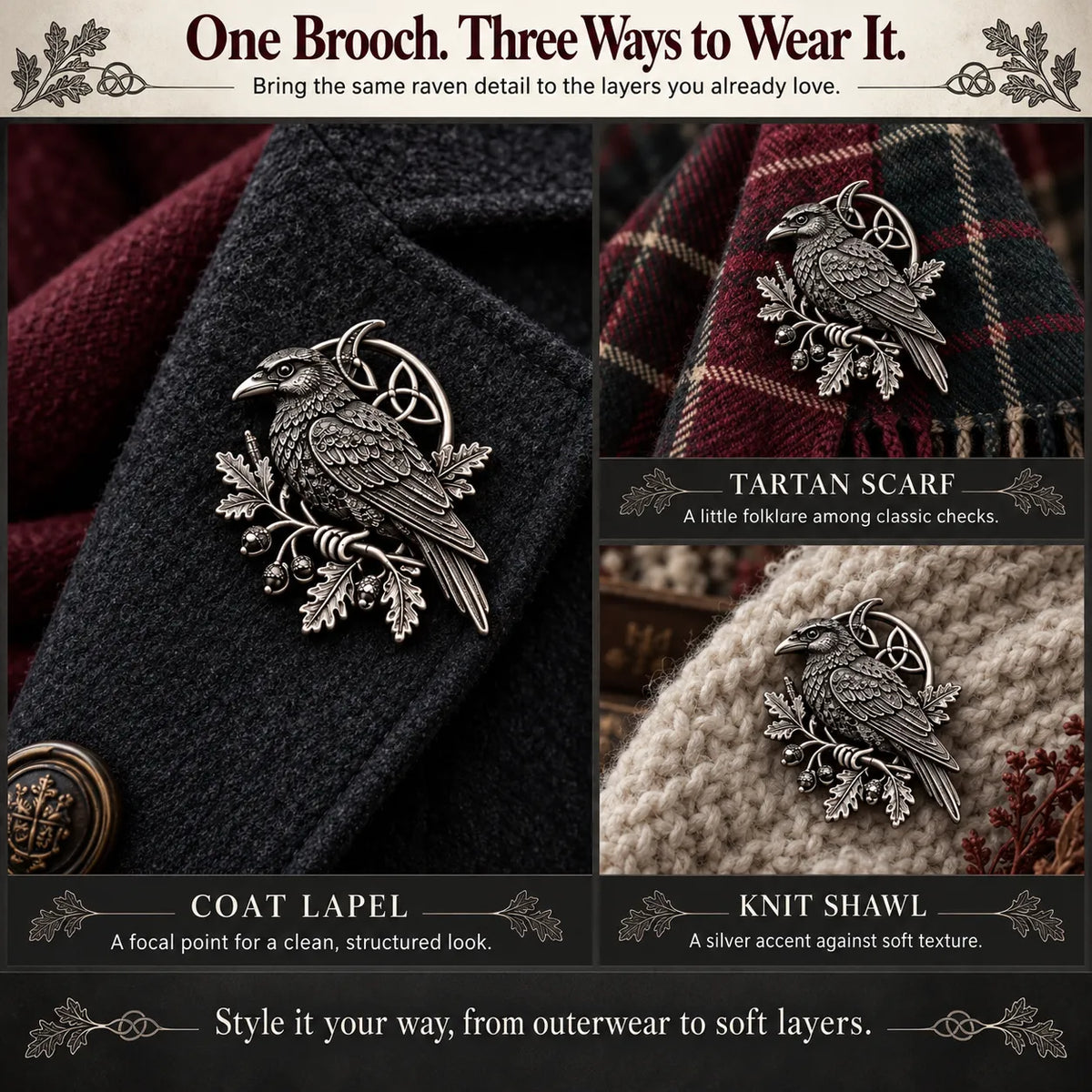 🐦‍⬛ Gothic Celtic Raven Brooch – 🔥Dark Academia Statement Pin