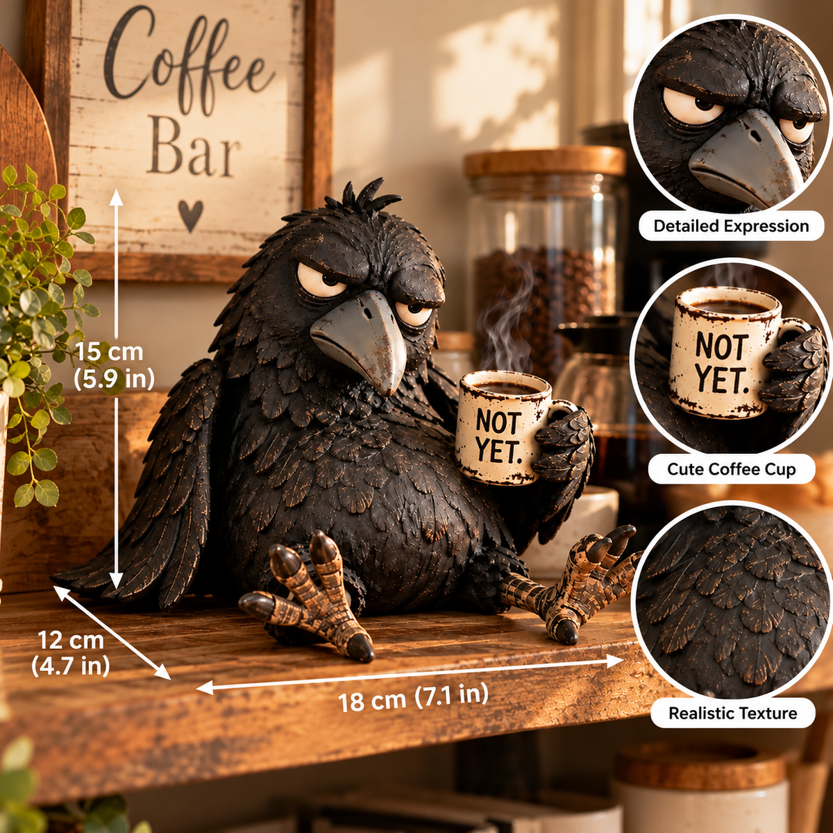 🐦‍⬛☕️Grumpy Coffee Raven Figurine – “Not Yet” Funny Morning Decor✨