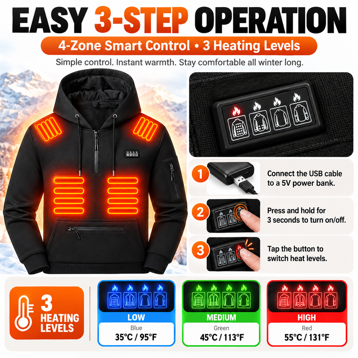 🔥 Men's 26-Zone Heated Hoodie – USB Powered Half-Zip Winter Pullover