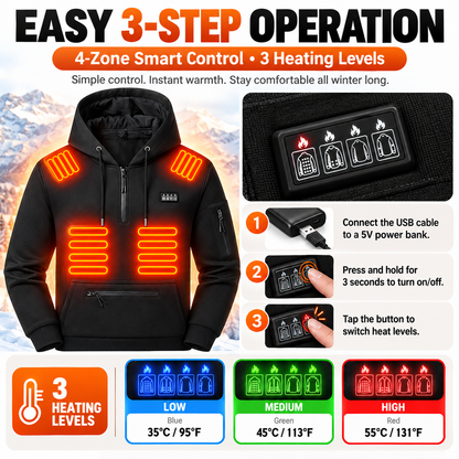 🔥 Men's 26-Zone Heated Hoodie – USB Powered Half-Zip Winter Pullover