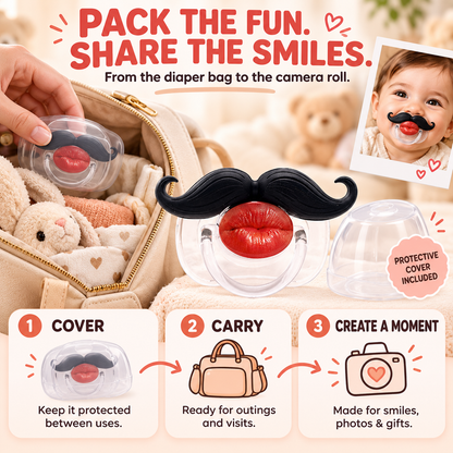 👄 Funny Red Lips Mustache Baby Pacifier – One-Piece Silicone Design with Dust Cover