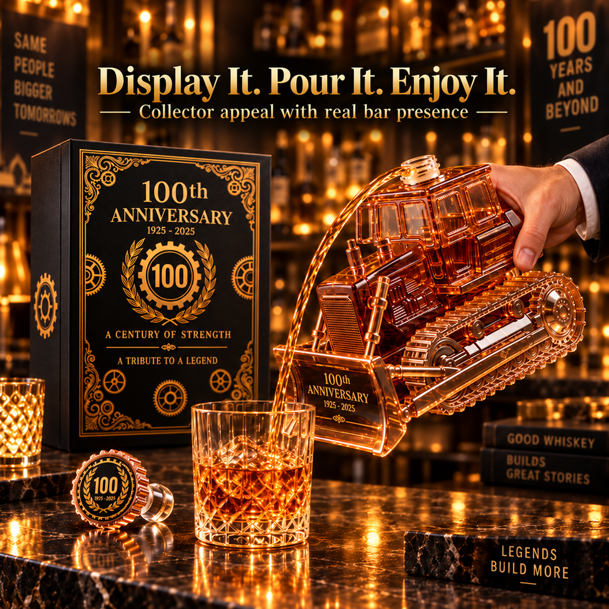 CAT 100th Anniversary Bulldozer Crystal Whiskey Decanter