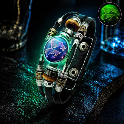 🌙♑ Glow-in-the-Dark Zodiac Sign Leather Bracelet – Unisex Constellation Jewelry, 6.9/8.1 in ✨