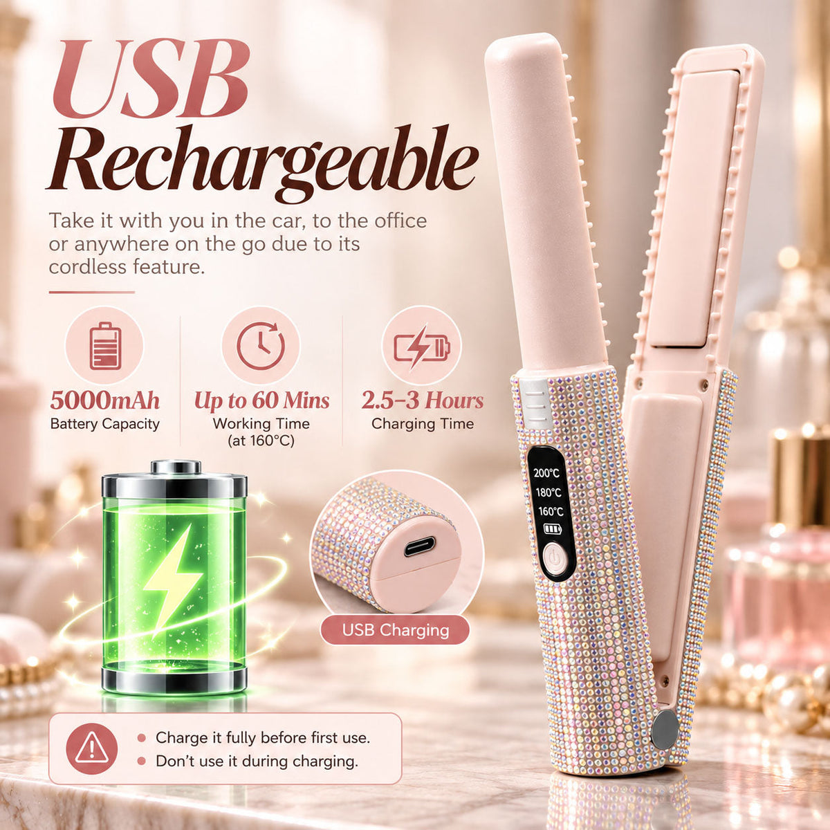 💕✨ Rechargeable Mini Hair Straightener – Cordless USB-C Portable Styling Iron