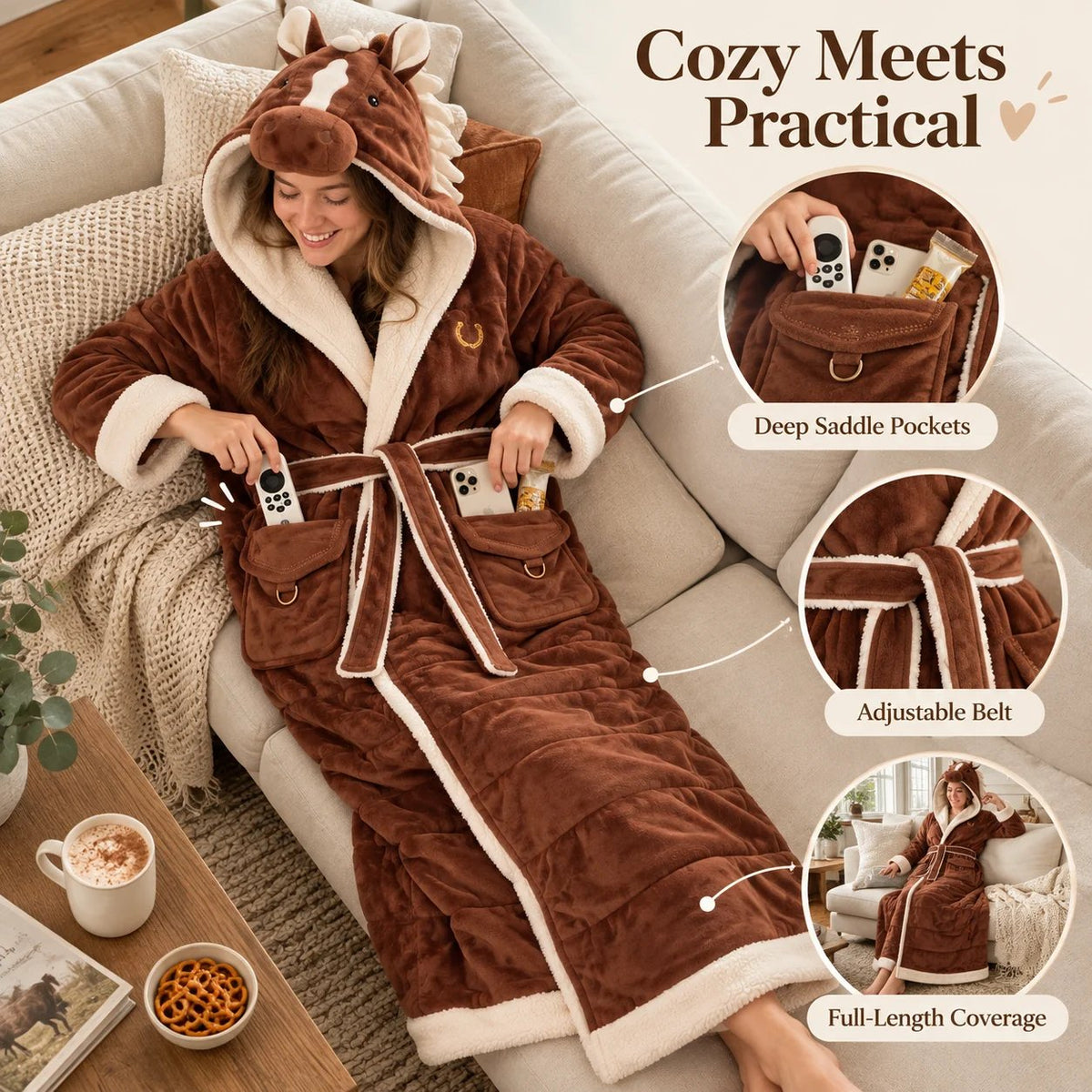 Horse Themed Full-Length Thermal Loungewear Robe