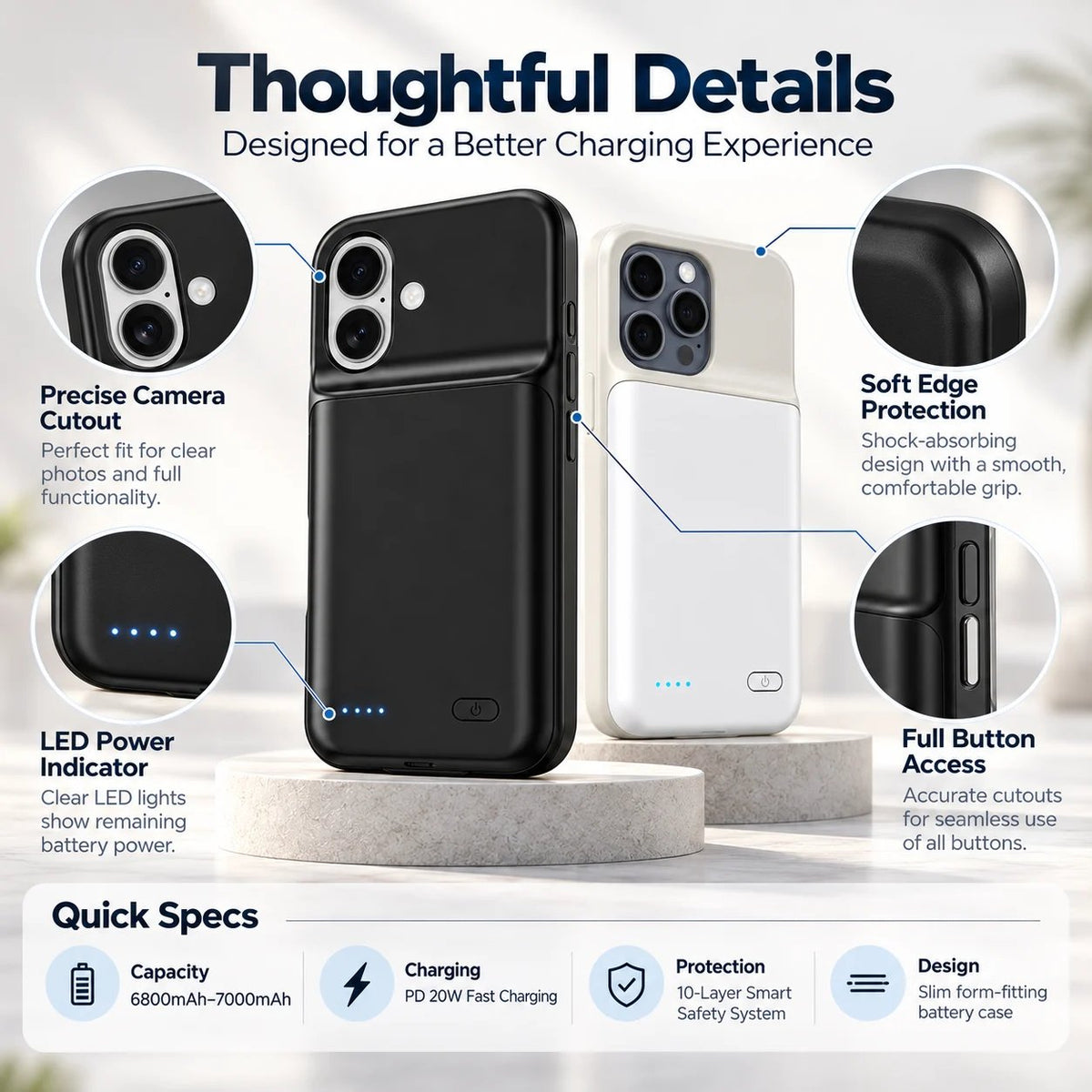 ⚡ Slim Fit iPhone Battery Case | 10-Layer Safety Protection Portable Charging Cover