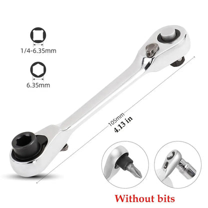 1/4 Inch Mini Double Headed Ratchet Wrench Silver 72-Tooth 5° Quick Release Drive Socket Tool