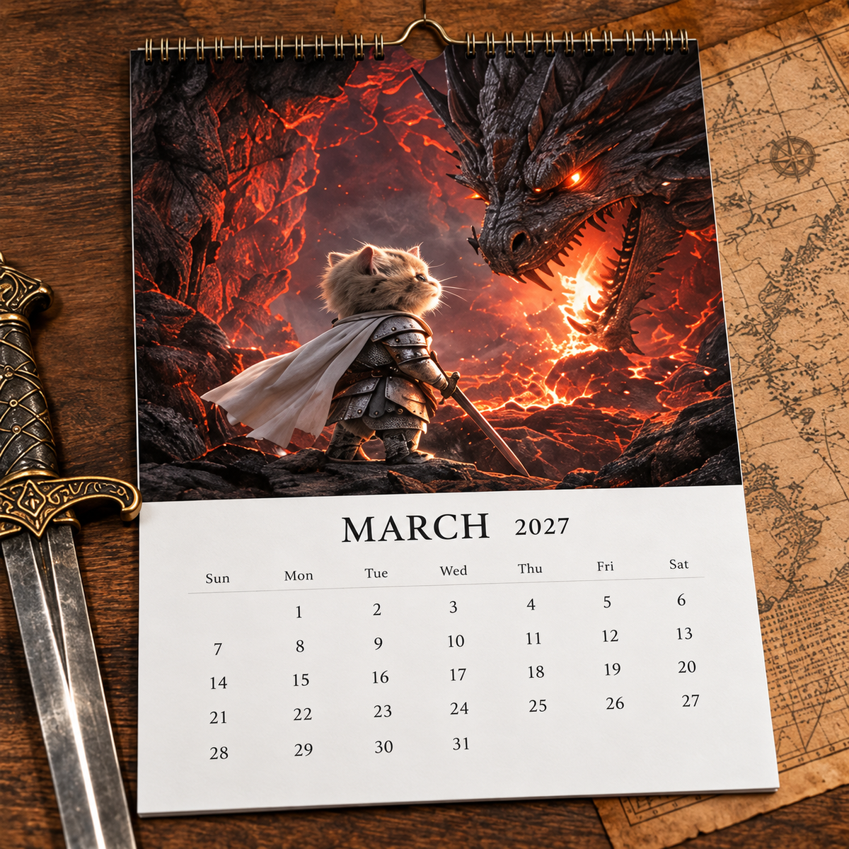 🐱⚔️ 2027 Knight Cat vs. the Dragon Calendar
