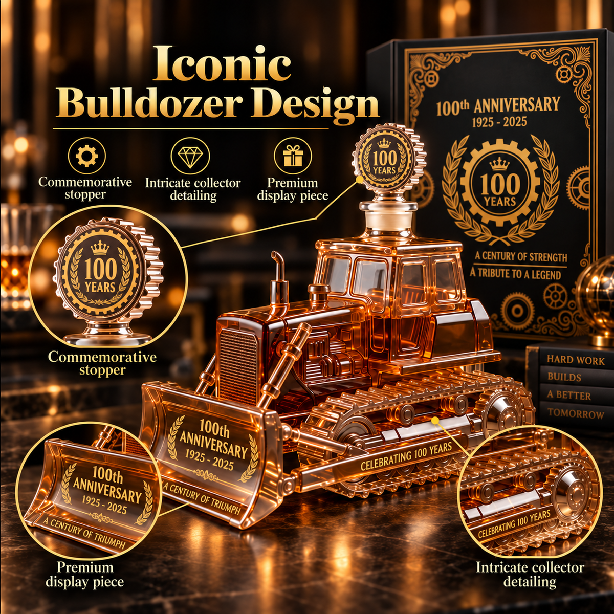 CAT 100th Anniversary Bulldozer Crystal Whiskey Decanter