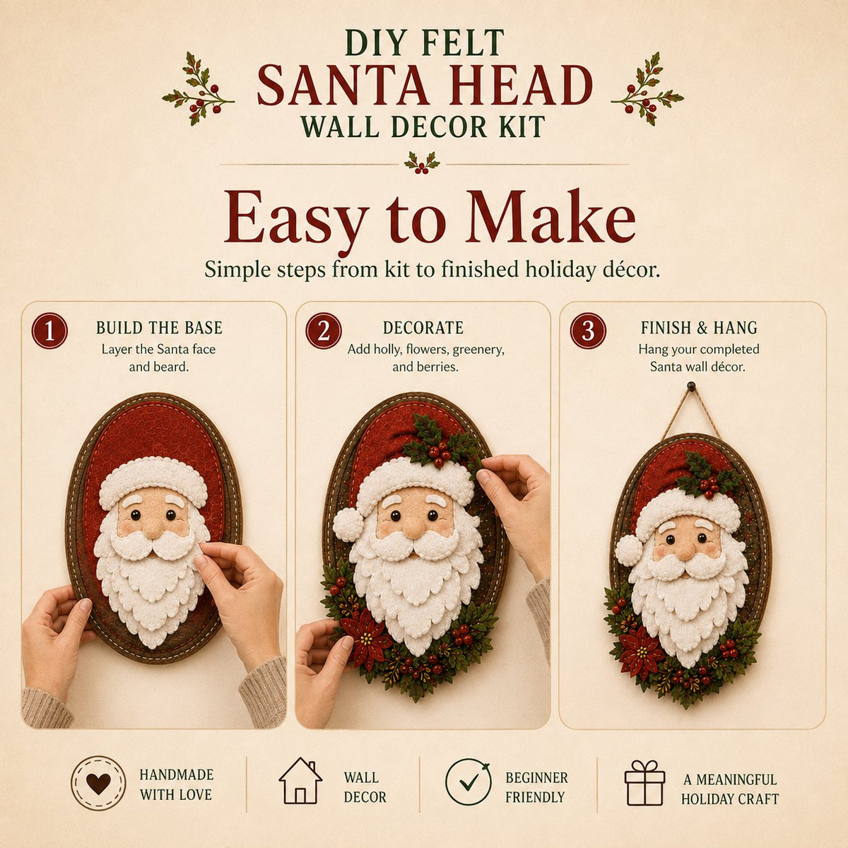 ⏳ Last Day 49% OFF – 🎅 Beginner-Friendly 52-Piece DIY Layered Felt Santa Wall Decor Kit | Complete Kit with All Tools & Step-by-Step Guide Included 💕