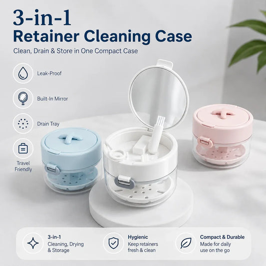 💙Clean, Drain & Store in One🔥3-in-1 Leak-Proof Retainer Cleaning Case with Mirror, Drain Tray - Travel Storage✈️