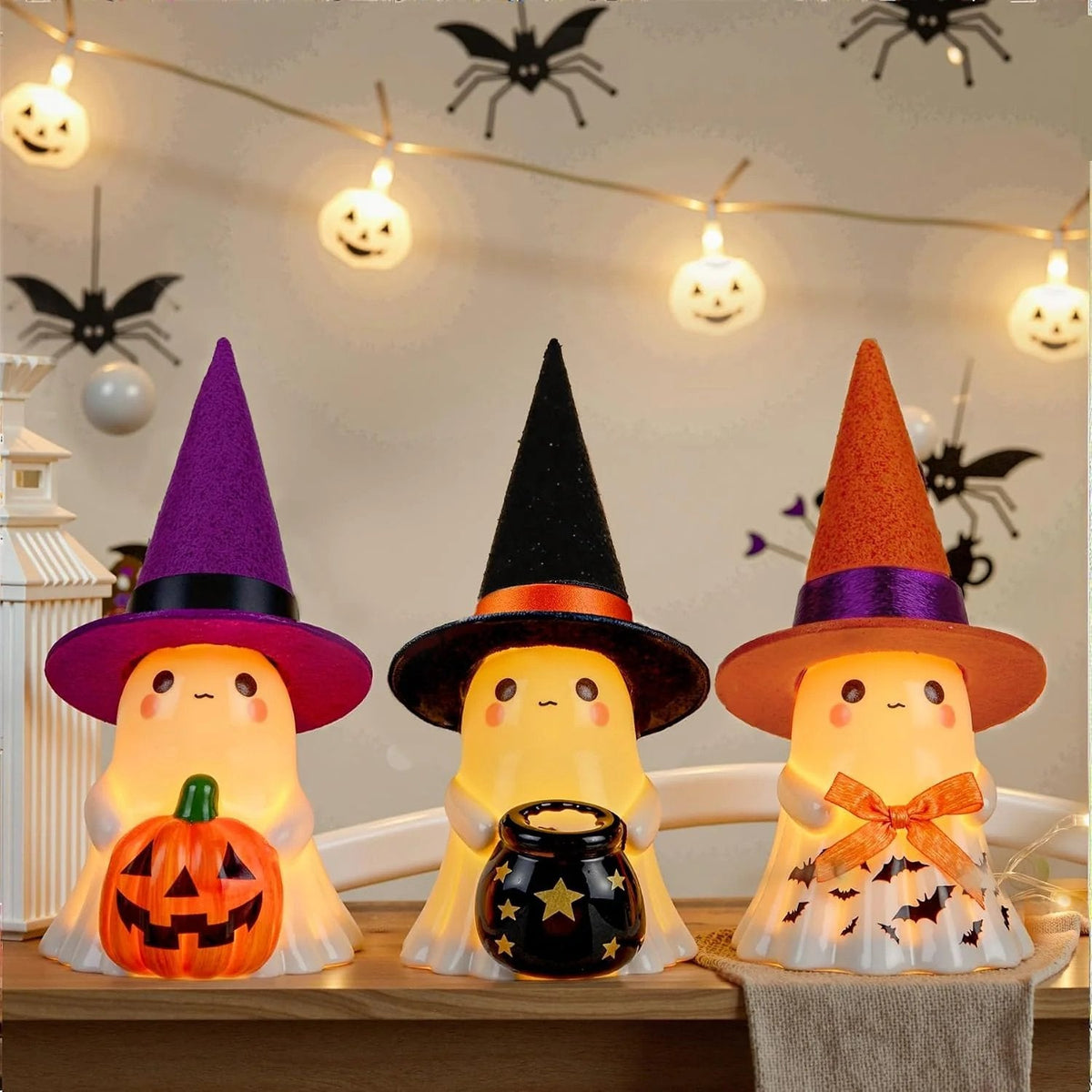 Whimsical Light-Up Halloween Ghost Trio