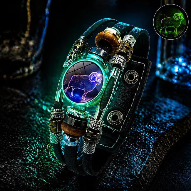 🌙♑ Glow-in-the-Dark Zodiac Sign Leather Bracelet – Unisex Constellation Jewelry, 6.9/8.1 in ✨