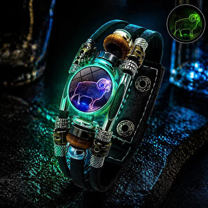 🌙♑ Glow-in-the-Dark Zodiac Sign Leather Bracelet – Unisex Constellation Jewelry, 6.9/8.1 in ✨