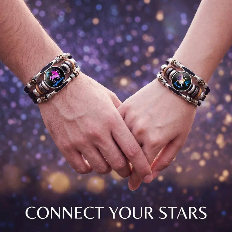 🌙♑ Glow-in-the-Dark Zodiac Sign Leather Bracelet – Unisex Constellation Jewelry, 6.9/8.1 in ✨