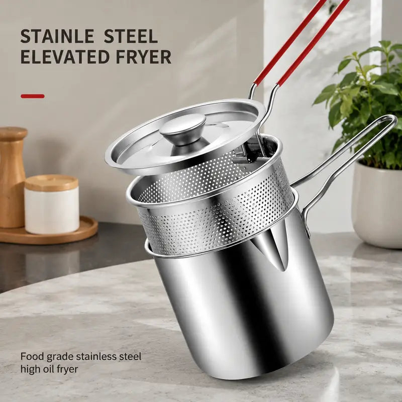 🍟 Personal Mini Deep Fryer Set – Stainless Steel Frying Pot with Draining Basket & Food Tongs