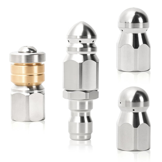 🚿 Sewer Jetter Nozzle Kit, 3-Pack Stainless Steel Drain Cleaning Nozzles – Rotating, Button Nose & Fixed Jet Heads, 1/4" Quick Connect, Up to 5000 PSI for Pressure Washers 🔧💦