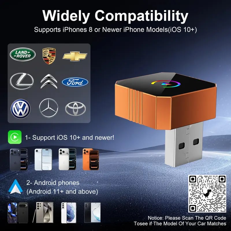 New CarPlay 2026 Wireless Adapter for iPhone/Android Apple 17 Orange Fast Connect No Delay Hands-Free Calling Electronic Charger CarPlay Adapter