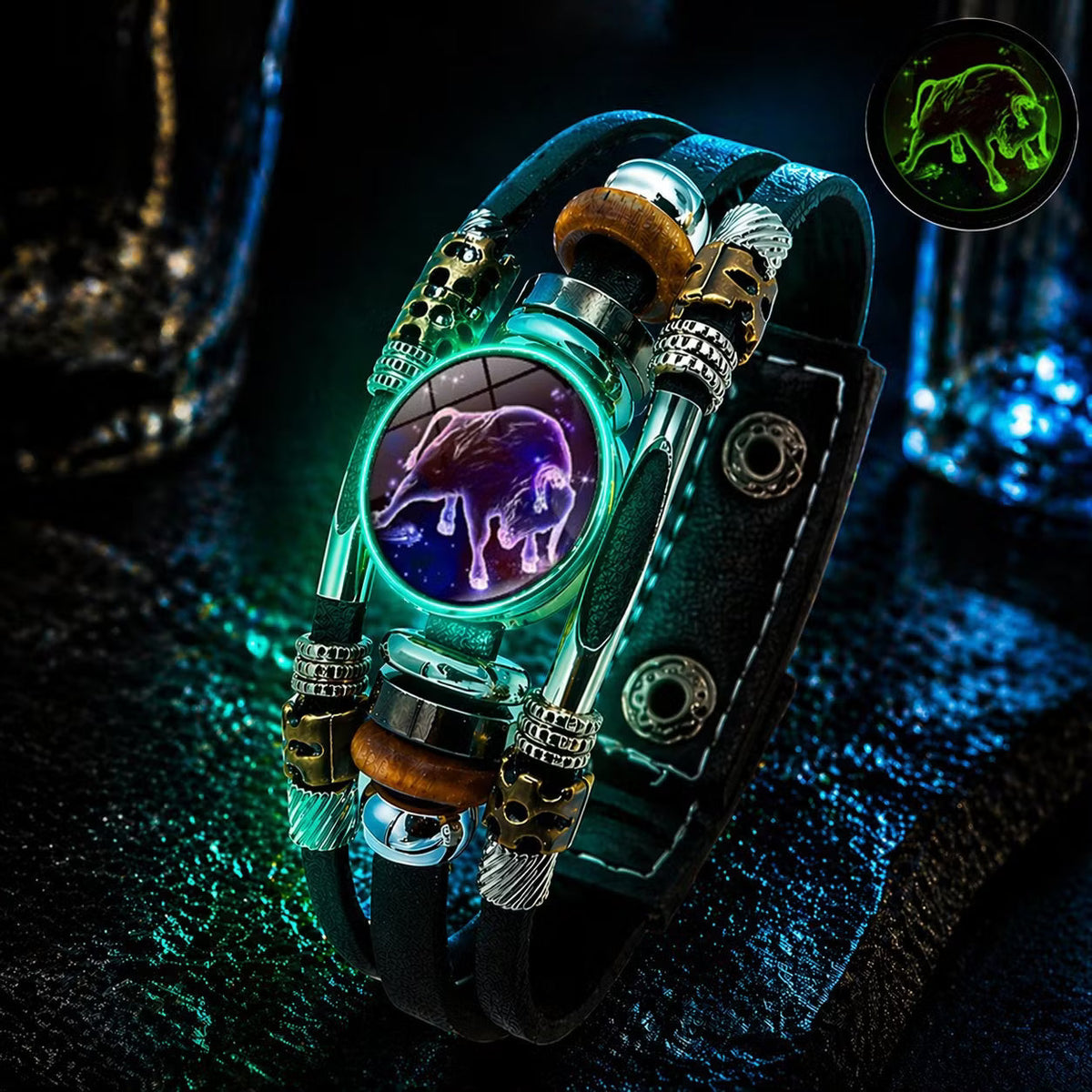 🌙♑ Glow-in-the-Dark Zodiac Sign Leather Bracelet – Unisex Constellation Jewelry, 6.9/8.1 in ✨