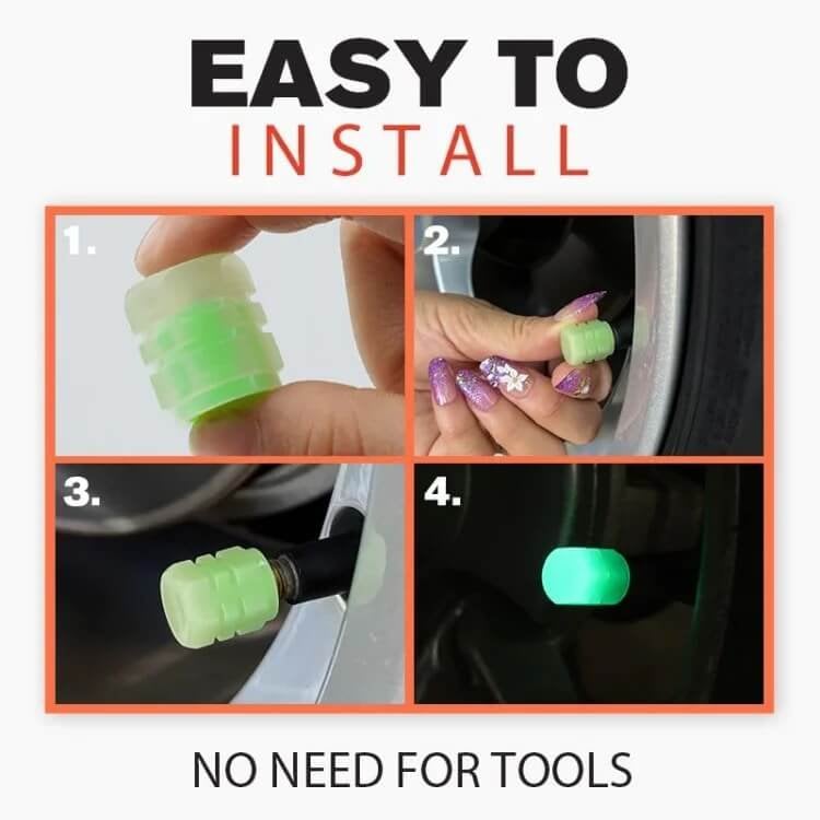 Glow-in-the-Dark Car Tire Valve Cap Set - Durable, Easy-to-Install, No-Tool-Required Accessories for Safe Night Driving - Perfect for Most Vehicle Tires