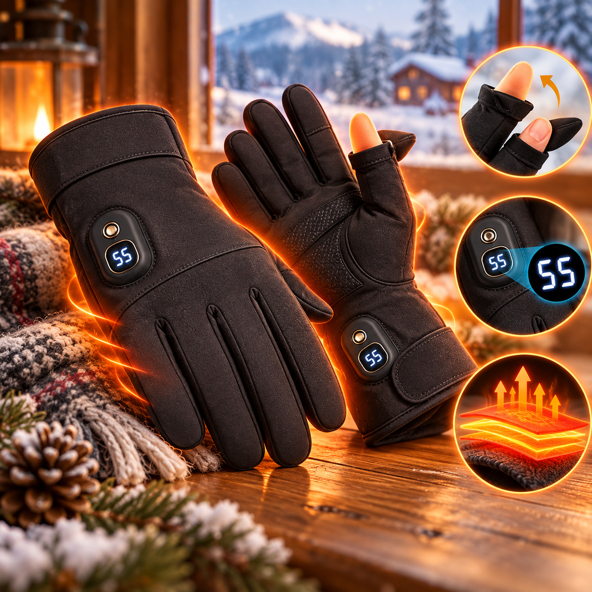 🔥 Rechargeable Heated Winter Gloves – 3 Heat Levels, Smart LED Display & Flip-Top Fingers