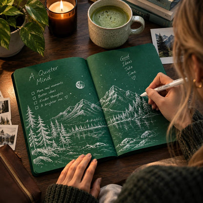 📖Deep Green Blank Notebook with White Gel Pen | Aesthetic Writing & Sketch Journal