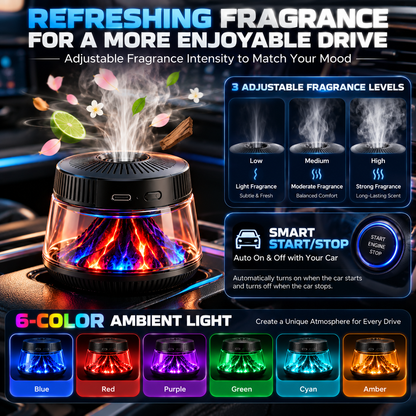 🌋 Volcano Flame Car Air Freshener – 6-Color Ambient Light, Adjustable Fragrance & Smart Auto Start/Stop