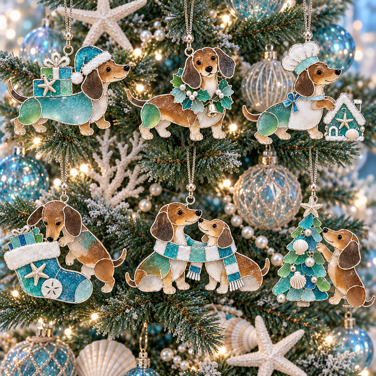 ⏰Coastal Christmas Dachshund Ornament Set – ✨6-Piece Stained Glass-Inspired Sea Glass Dog Christmas Tree Decorations, Gift for Dachshund Lovers