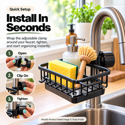 🧽Faucet-Mounted Kitchen Sink Organizer – Adjustable No-Drill Sponge & Brush Holder with Removable Drip Tray