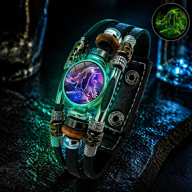 🌙♑ Glow-in-the-Dark Zodiac Sign Leather Bracelet – Unisex Constellation Jewelry, 6.9/8.1 in ✨