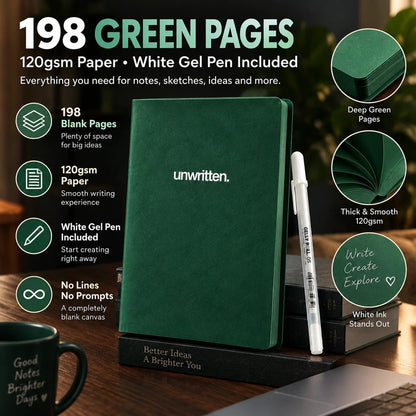 📖Deep Green Blank Notebook with White Gel Pen | Aesthetic Writing & Sketch Journal