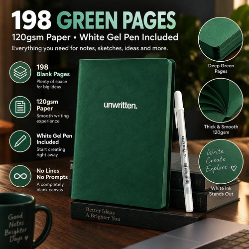 📖Deep Green Blank Notebook with White Gel Pen | Aesthetic Writing & Sketch Journal