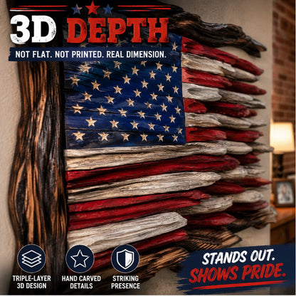 🇺🇸 Handcrafted 3D Wooden American Flag Wall Art | Rustic Patriotic Home Decor