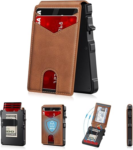 Genuine Leather RFID Blocking Pop-Up Wallet – Premium Aluminum Frame, One-Second Card Eject, Ultra-Slim Design