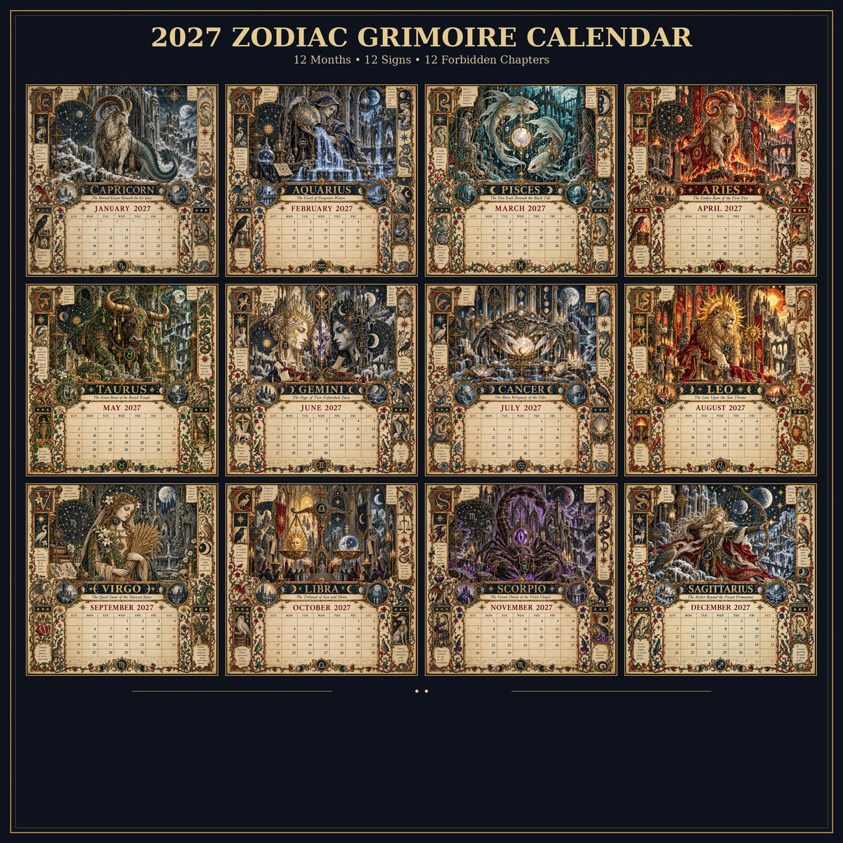 📅✨2027 Zodiac Grimoire Calendar™ | 12 Signs, 12 Forbidden Chapters