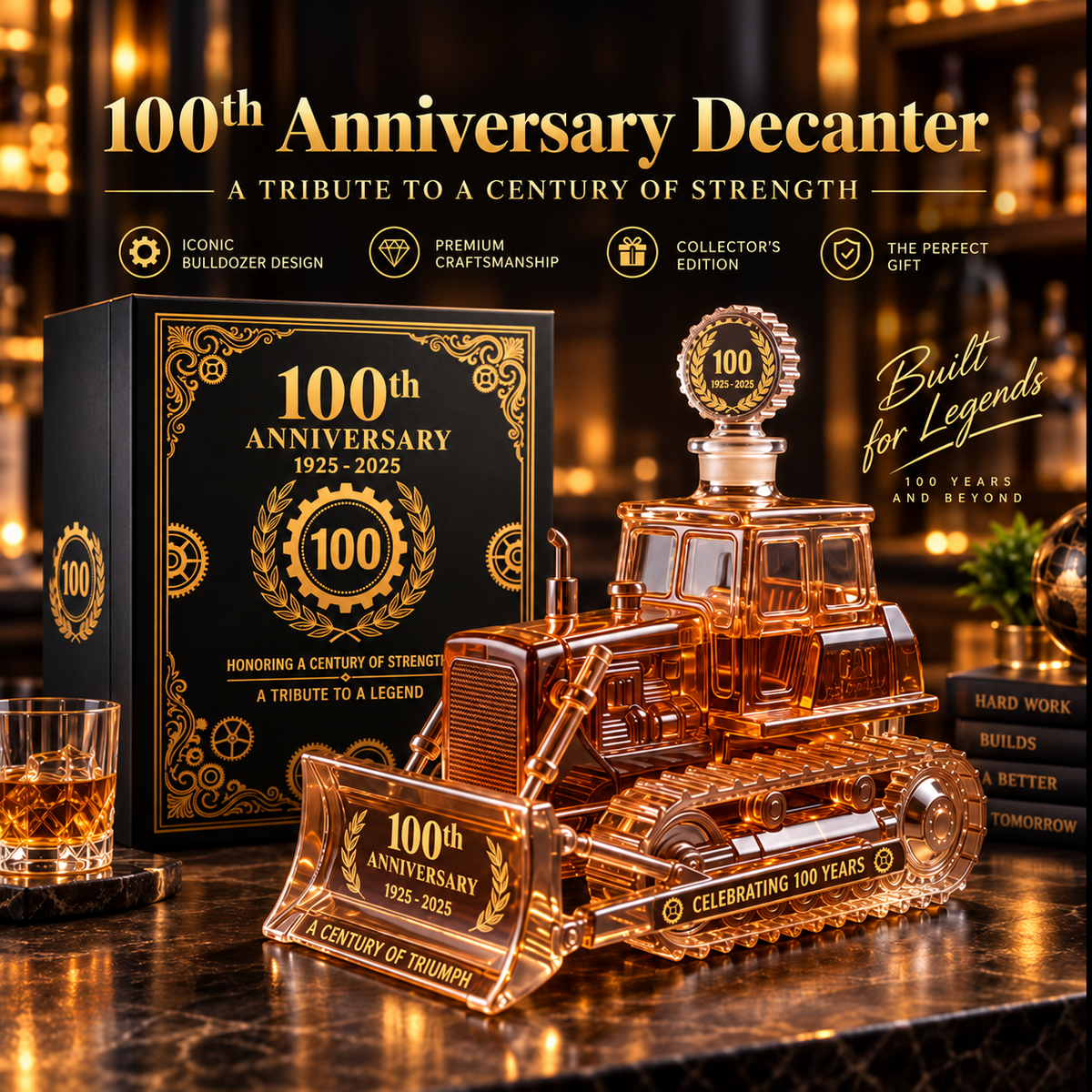 CAT 100th Anniversary Bulldozer Crystal Whiskey Decanter