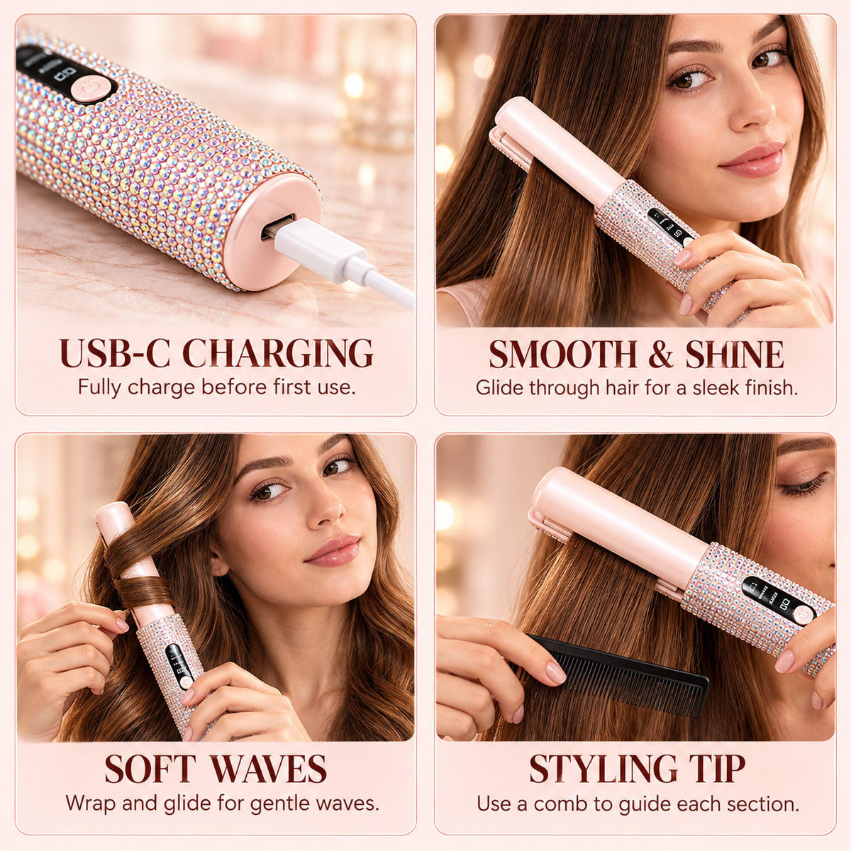 💕✨ Rechargeable Mini Hair Straightener – Cordless USB-C Portable Styling Iron