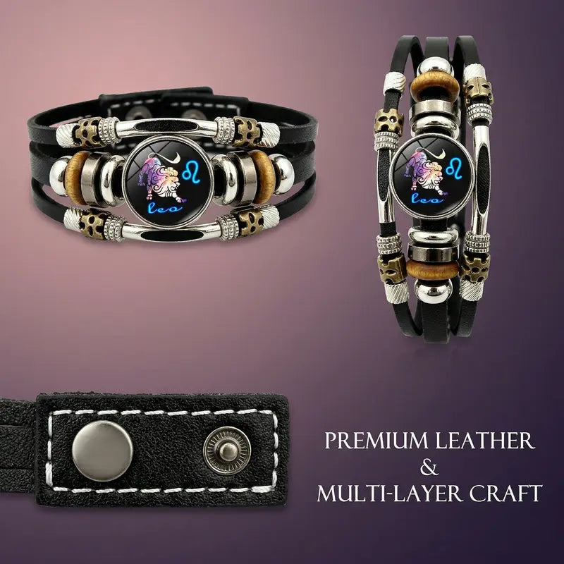 🌙♑ Glow-in-the-Dark Zodiac Sign Leather Bracelet – Unisex Constellation Jewelry, 6.9/8.1 in ✨