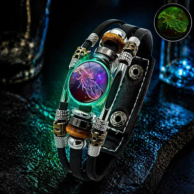 🌙♑ Glow-in-the-Dark Zodiac Sign Leather Bracelet – Unisex Constellation Jewelry, 6.9/8.1 in ✨