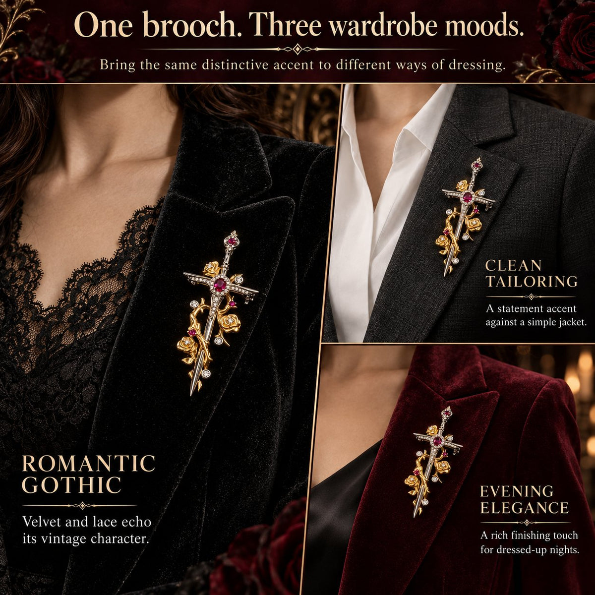 🥀 Gothic Rose & Dagger Brooch | Sculpted Golden Roses • Silver-Tone Blade • Ruby-Red Accents 🗡️