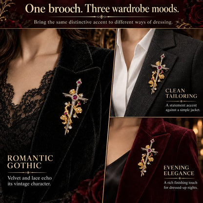 🥀 Gothic Rose & Dagger Brooch | Sculpted Golden Roses • Silver-Tone Blade • Ruby-Red Accents 🗡️