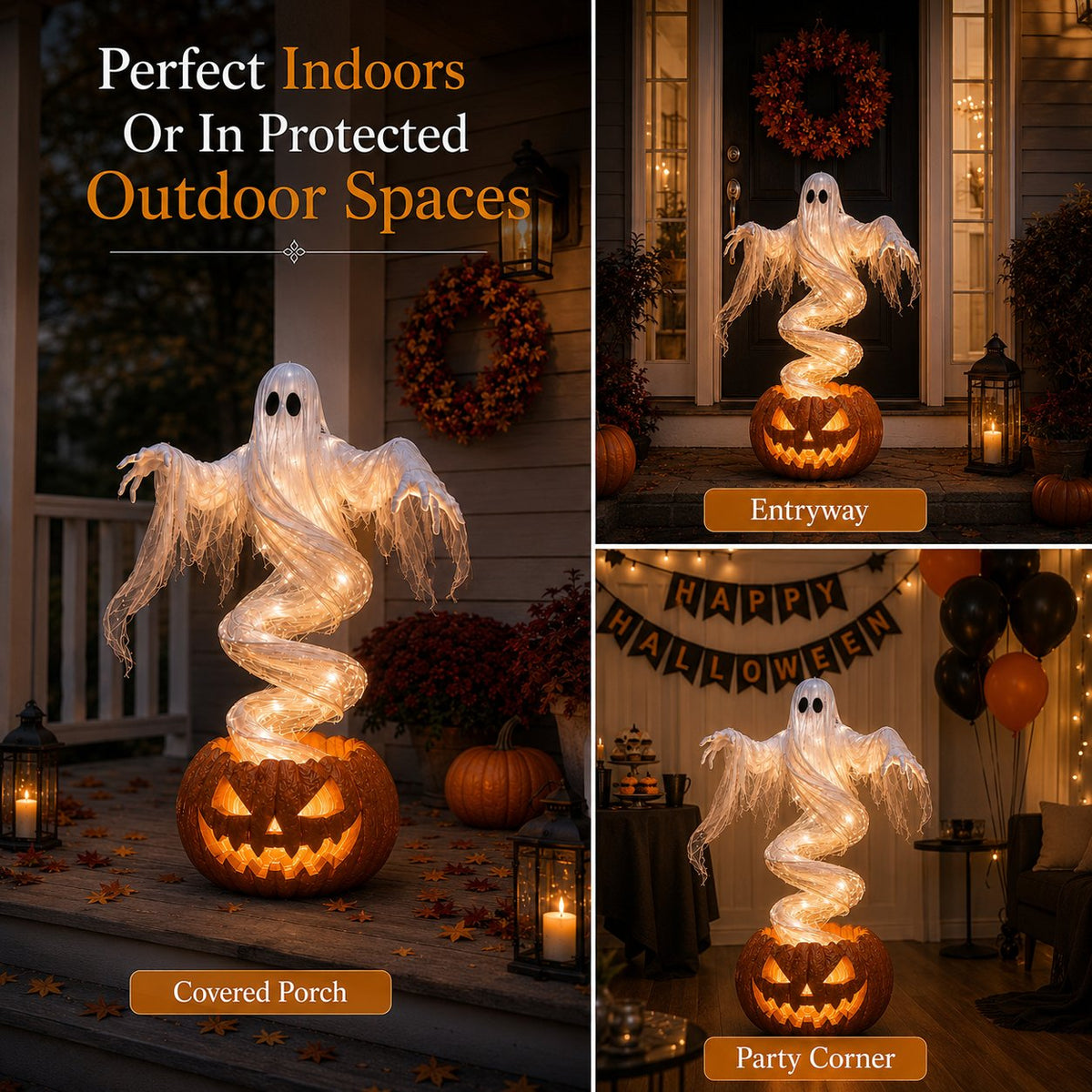 👻 Swirling Ghost Pumpkin Yard Lamp – Lighted Halloween Porch Decor 🎃