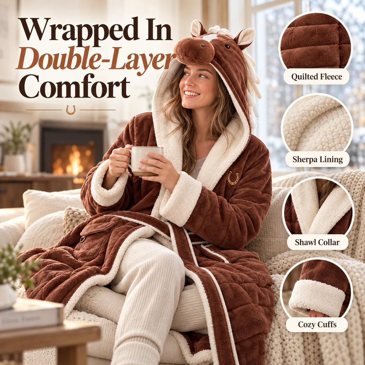 Horse Themed Full-Length Thermal Loungewear Robe
